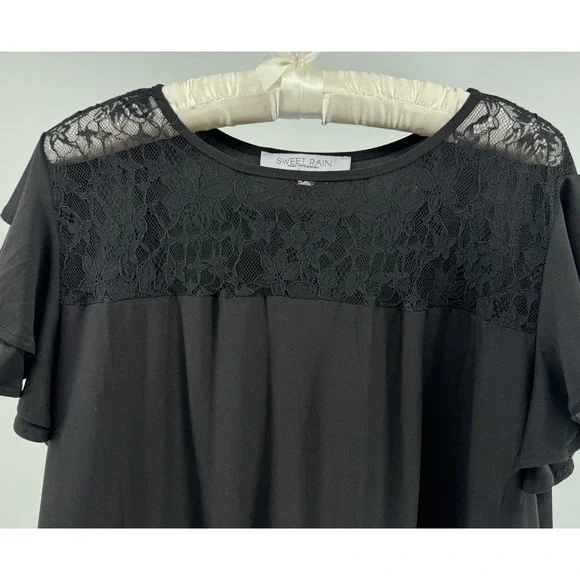 Sweet Rain Black Lace Yoke Blouse Womens Plus Size 2X Ruffle Hem Top - Picture 2 of 7